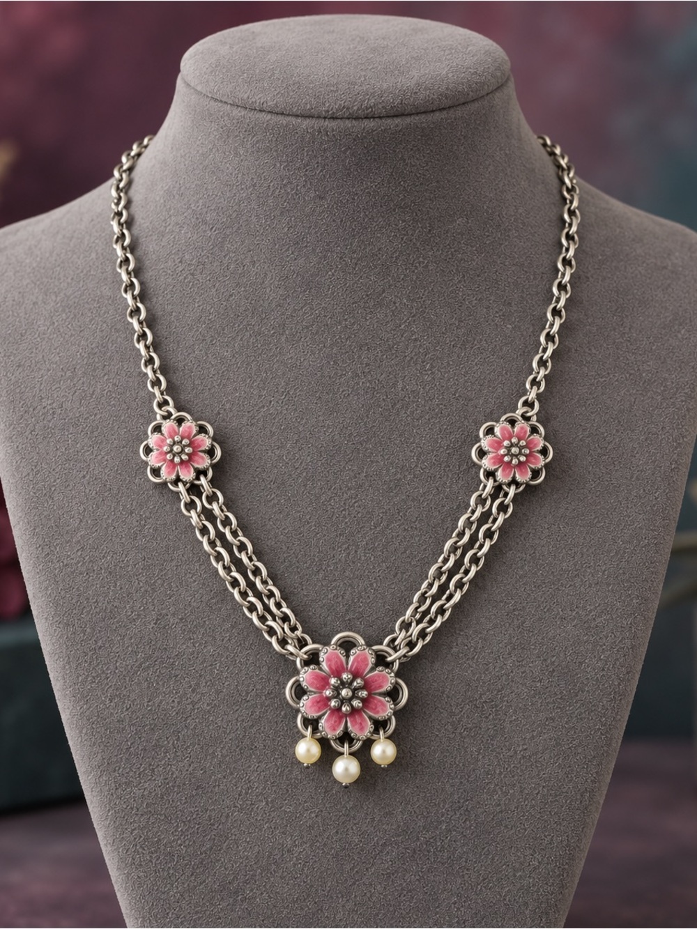 Brighton Pink Enamel Flower Double Chain Accent Necklace Pearl Dangles
